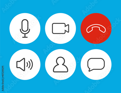 Set of Video call icons. Video conference. Collections buttons of on-line video chat app, internet talk, call technology. Web app ui display template. Videoconferencing and online meeting workspace