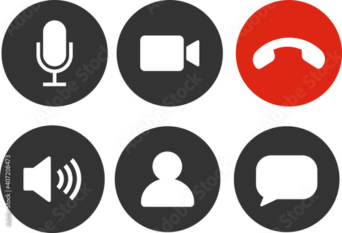 Set of Video call icons. Video conference. Collections buttons of on-line video chat app, internet talk, call technology. Web app ui display template. Videoconferencing and online meeting workspace