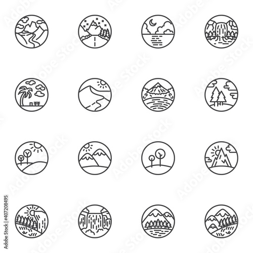 Nature landscape line icons set, outline vector symbol collection, linear style pictogram pack. Signs, logo illustration. Set includes icons as waterfall, forest, mountain landscape, ocean beach, sea © alekseyvanin