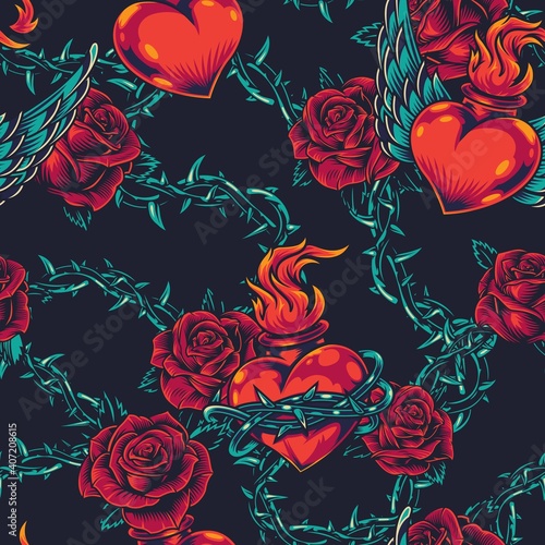 Colorful tattoos seamless pattern