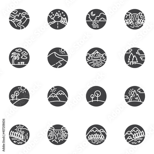 Nature landscape vector icons set, modern solid symbol collection, filled style pictogram pack. Signs, logo illustration. Set includes icons as waterfall, forest, mountain landscape, ocean beach, sea