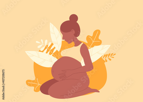 Pregnant woman with long hair. Template for banner about pregnancy and motherhood in minimalistic style. 