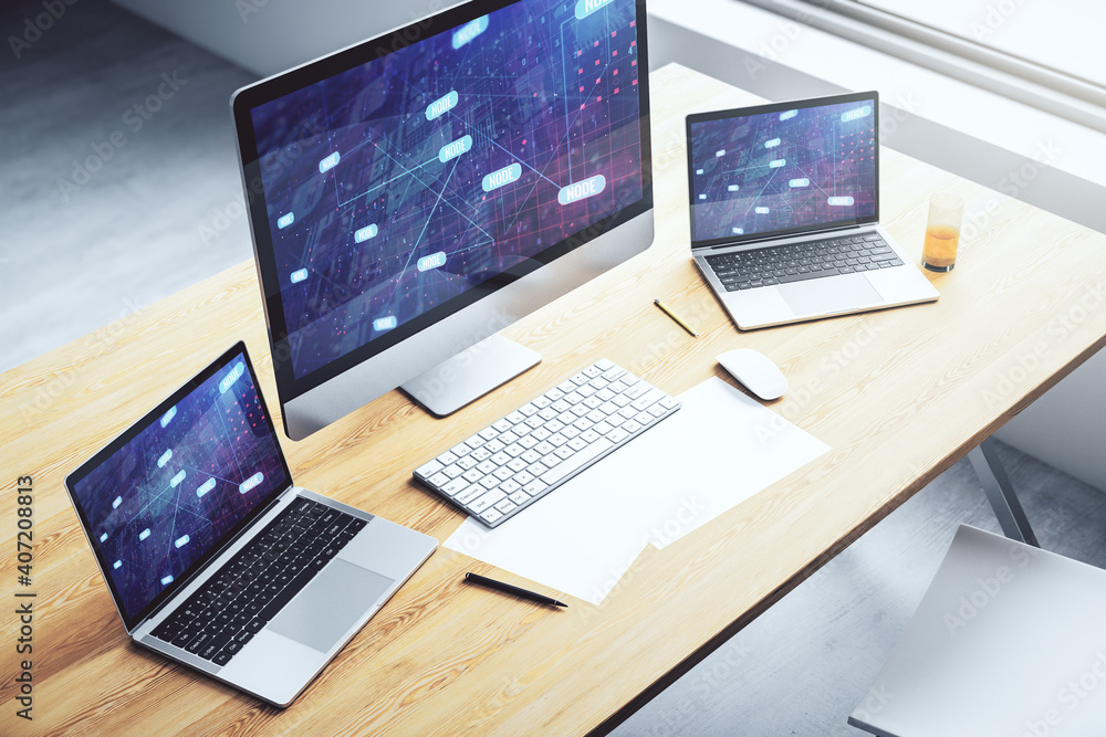 Computer monitor with abstract creative programming illustration, big data and blockchain concept. 3D Rendering Computer monitor with abstract creative programming illustration, big data and blockchain concept. 3D Rendering