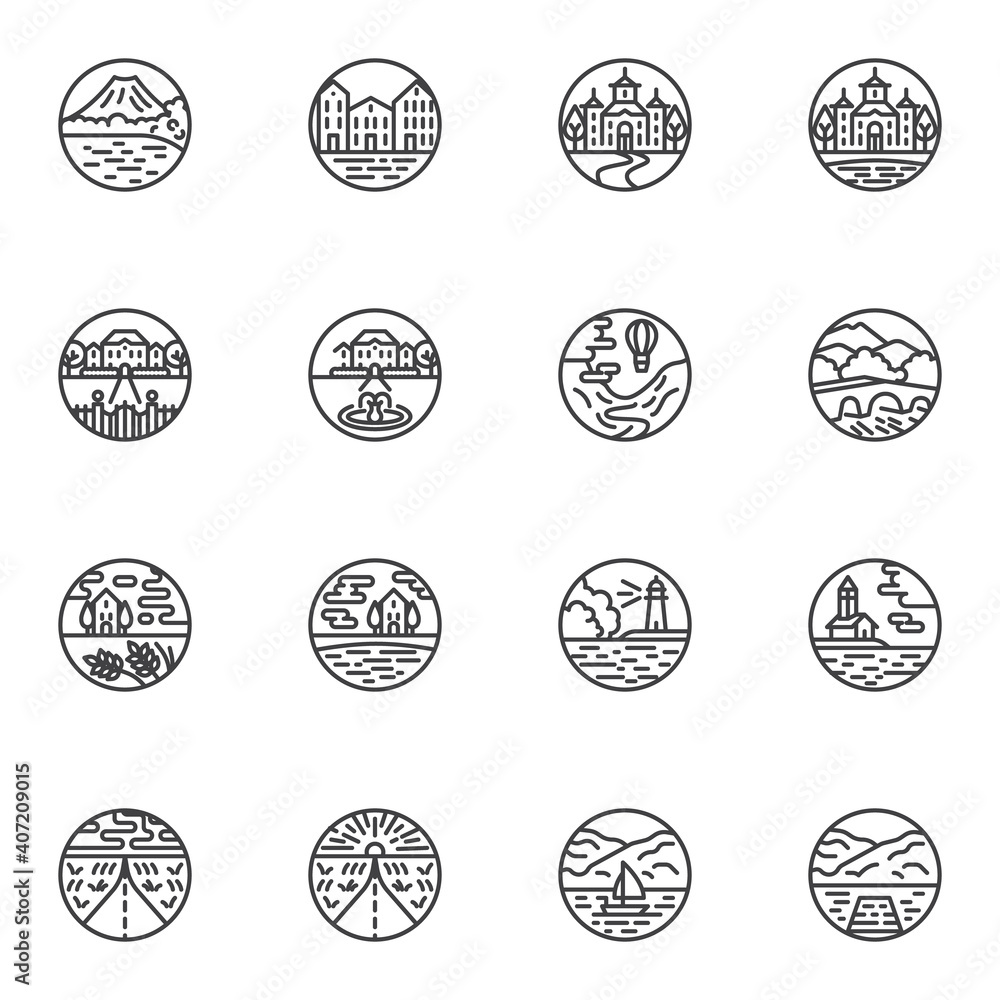Landscape line icons set, outline vector symbol collection, linear style pictogram pack. Signs, logo illustration. Set includes icons as city landscape, nature forest, sunset, country house residence