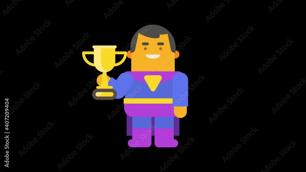 Superhero holds gold cup and smiles. Alpha channel. Looped animation. Character animation Superhero holds gold cup and smiles. Alpha channel. Looped animation. Character animation