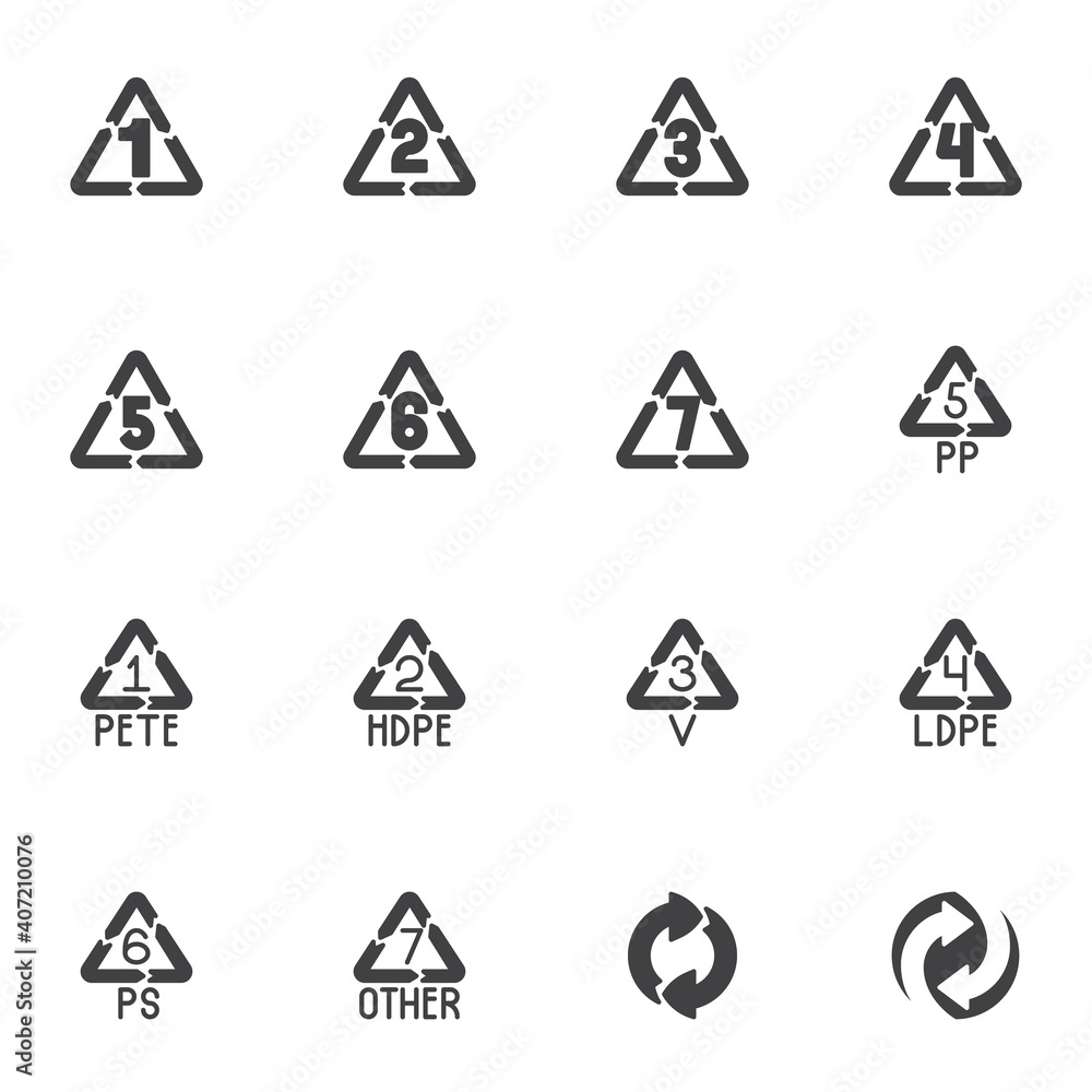 Plastic recycling vector icons set, modern solid symbol collection, filled style pictogram pack. Signs, logo illustration. Set includes icons as resin identification, recycling plastic type code Plastic recycling vector icons set, modern solid symbol collection, filled style pictogram pack. Signs, logo illustration. Set includes icons as resin identification, recycling plastic type code