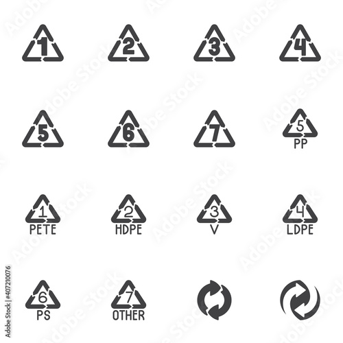 Plastic recycling vector icons set  modern solid symbol collection  filled style pictogram pack. Signs  logo illustration. Set includes icons as resin identification  recycling plastic type code
