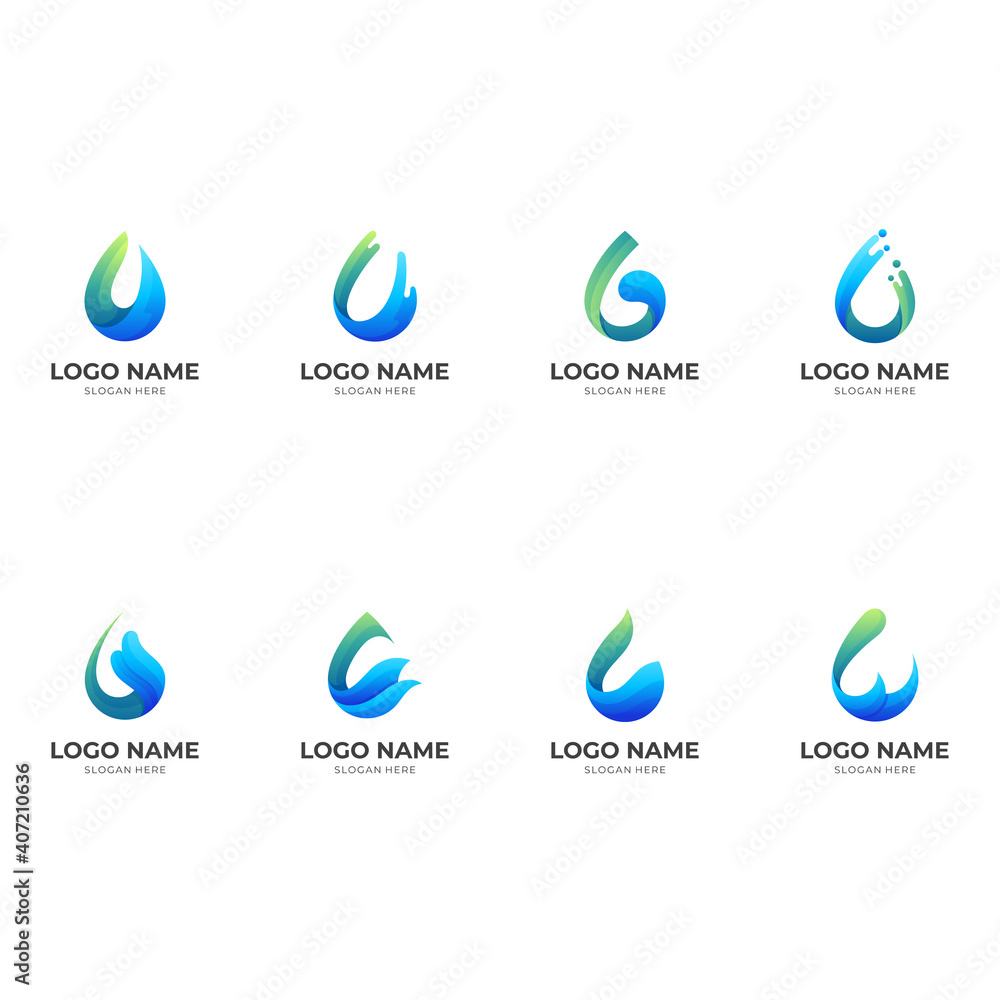 set drop water logo template with 3d blue color style set drop water logo template with 3d blue color style