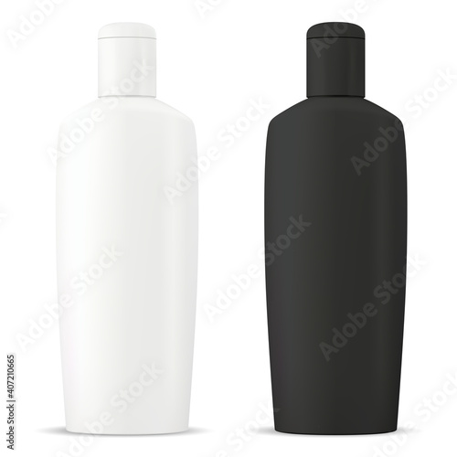 Shampoo bottle cosmetic blank. Vector package mockup in black and white color. Shower cream or gel tube 3d template design. Beauty soap or medical milk container collection. Bathroom care