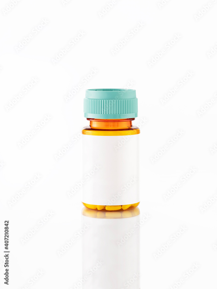 Capsule bottle in white background and label Capsule bottle in white background and label