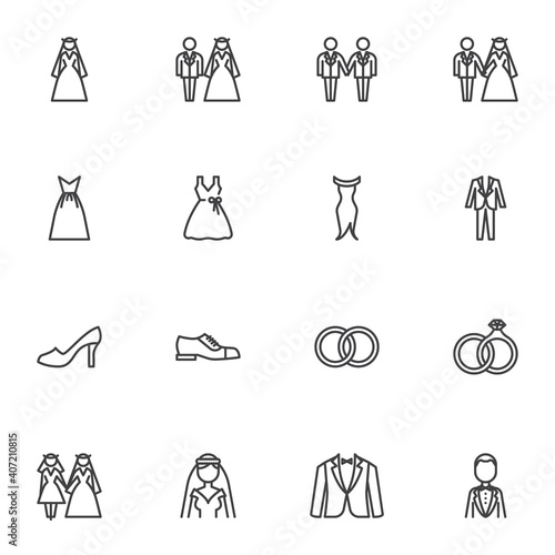 Wedding and marriage line icons set, outline vector symbol collection, linear style pictogram pack. Signs, logo illustration. Set includes icons as tuxedo suit, bride and groom, bridal dress, ring