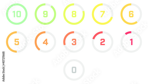Set of countdown numbers from 10 to 0 gradient green to red colors