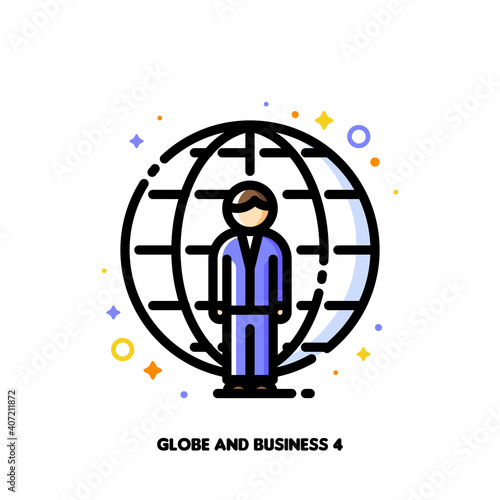 Icon of businessman on a background of globe for international businessperson concept. Flat filled outline style. Pixel perfect 64x64. Editable stroke