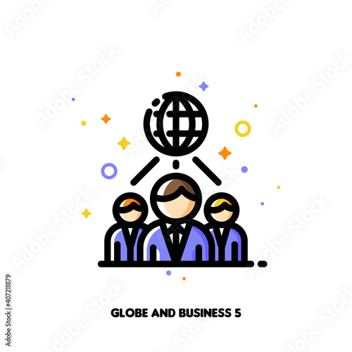 Icon of globe and three business persons for international team or global business concept. Flat filled outline style. Pixel perfect 64x64. Editable stroke