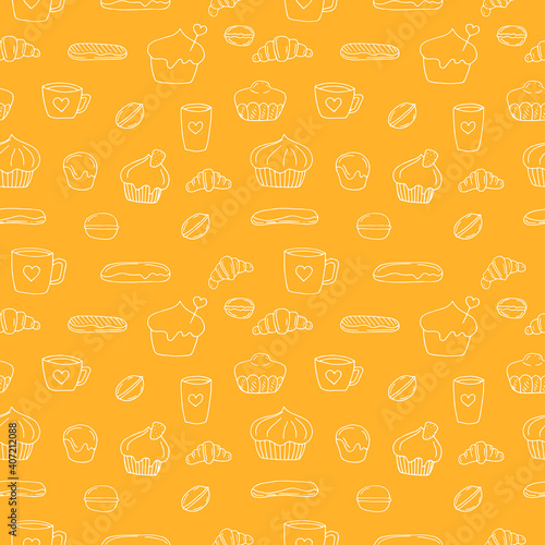 Seamless pattern of French buns and cakes, vector illustration, hand drawing, orange © Екатерина Хныкина