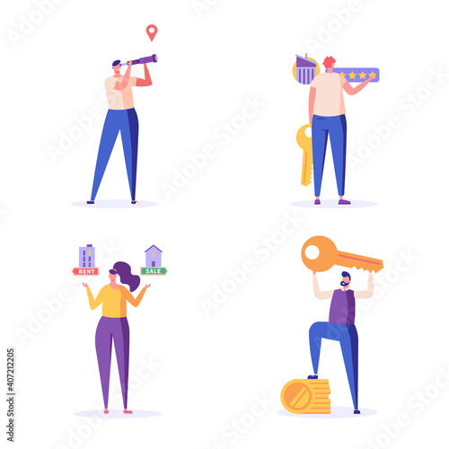 Buy or Rent. People Renting Apartment with Online Service. Users Looking for Apartment for Rent Online. Concept of Rent Real Estate, Home for Rent. Vector illustration for Web Design, Landing Page