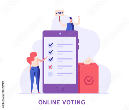 Online Voting and Election Campaign. People Voting with Vote Box and Calling for Vote. Concept of Election Day, Making Choice, Balloting Paper, Democracy. Vector illustration for Background