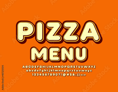 Vector creative template Pizza Menu. Retro style Font. Decorative Alphabet Letters and Numbers set