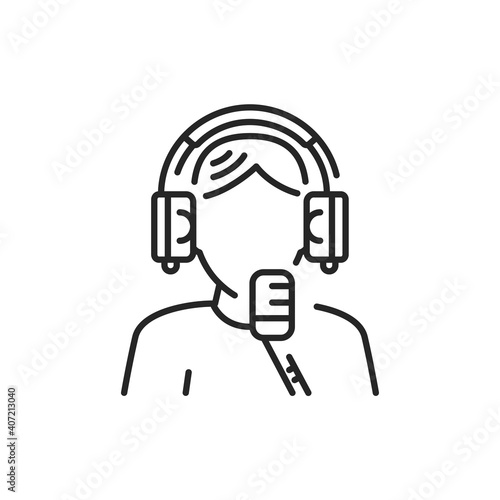 Podcasting line icon. Speaker in headphones with microphone