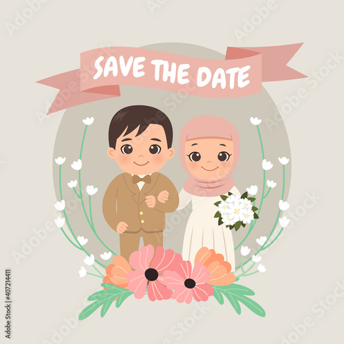 Cute moslem wedding bridal couple with ribbon banner save the date decorated with flowers.