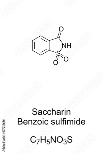 Saccharin, benzoic sulfimide, chemical formula and skeletal structure. Artificial sweetener with no food energy. Code 954. 304 to 400 times sweeter than table sugar. Illustration over white. Vector.