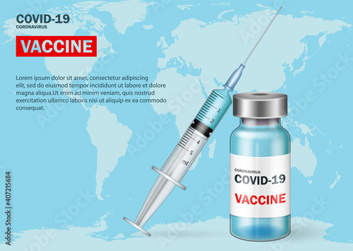 Covid19 coronavirus vaccine vector banner. Covid-19 text and vaccine bottles. Syringe and ampoules with coronavirus vaccine, preventing a second wave of COVID-19 infection.