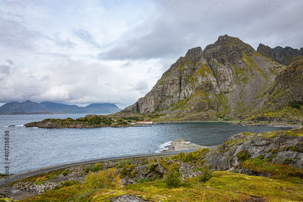Landscape of lofoten islands with ocean and mountains