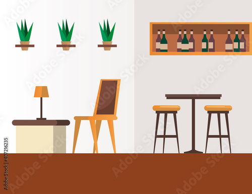 elegant tables and chairs with wine in shelf restaurant forniture scene