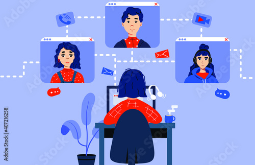 Online chat. Video conferencing. The girl makes a video chat with colleagues. Home office concept.Business conference. Stock vector flat illustration.