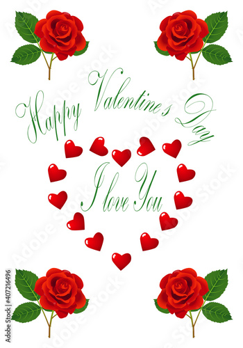 Feliz día de San Valentín. Te quiero, Rosas rojas y corazones sobre fondo blanco