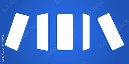 Mock up of a mobile smartphone with perspective views from different angles.