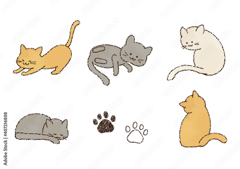 クレヨン画 いろいろなポーズの猫のイラストセット Stock Vector Adobe Stock