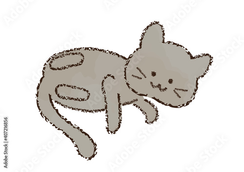 クレヨン画　寝転がる猫のイラスト