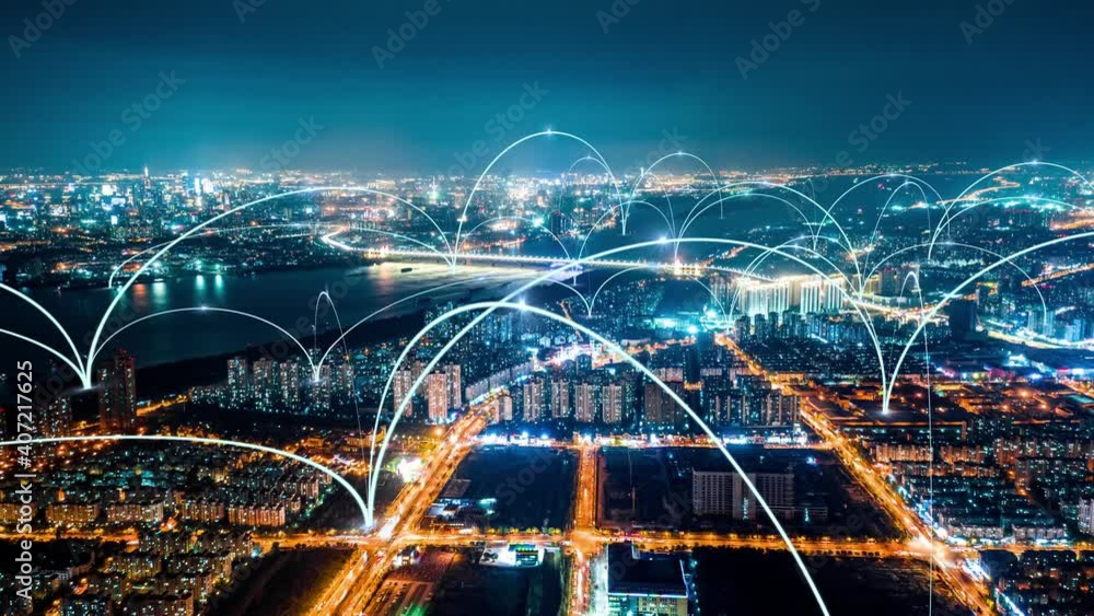 smart Connected city skyline. Futuristic network concept, city Technology.