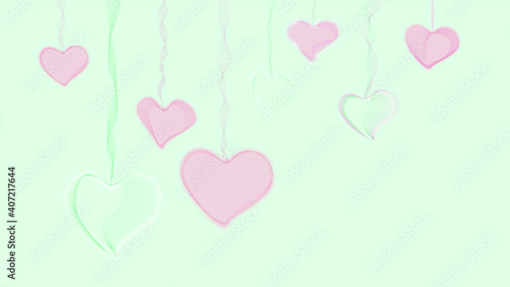 Viele hängende rosa und blaue Herzen aus Linien und Punkten auf blauem Hintergrund. Viele hängende rosa und blaue Herzen aus Linien und Punkten auf blauem Hintergrund.