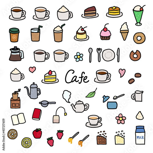 カフェのアイコンセット 手描き