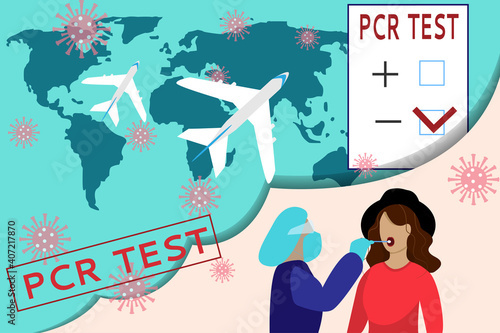 Horizontal banner design PCR test for coronavirus at the airport. A must for travel, flight and air travel around the world. Vector flat illustration