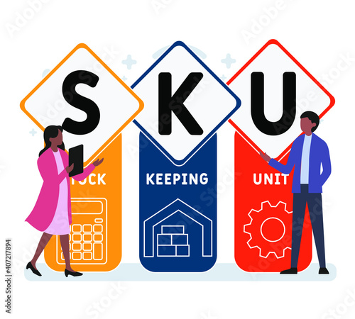 Flat design with people. SKU - Stock Keeping Unit  acronym, business concept background.   Vector illustration for website banner, marketing materials, business presentation, online advertising.