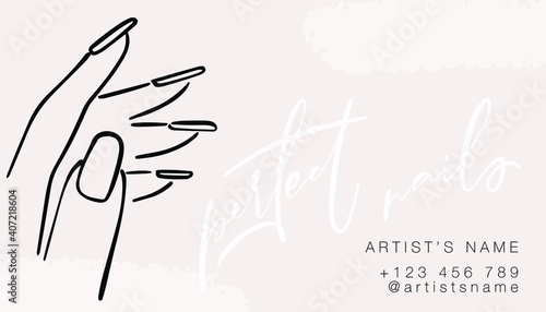 Manicure master, beauty treatment ivory pastel business card template. Hand with long nails clipart image.