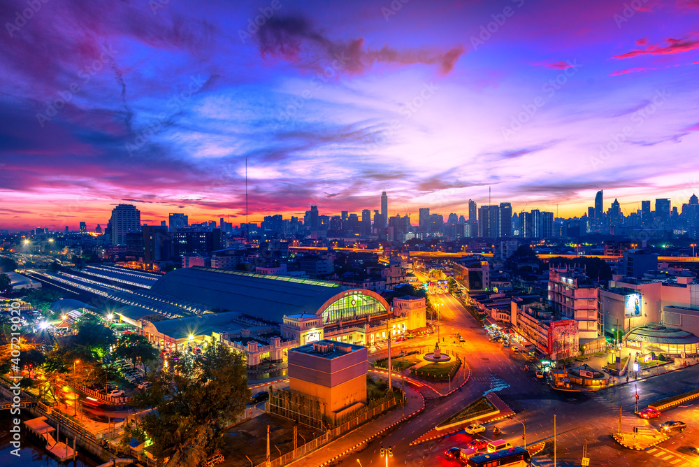 Hua Lamphong Railway Station in episode before sunrise Bangkok, Thailand Date July 2, 2020