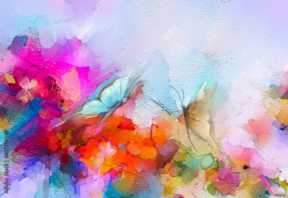 Abstract colorful oil, acrylic painting of butterfly flying over spring flower. Illustration hand paint floral blossom in summer or spring season, nature image for wallpaper or background. - obrazy, fototapety, plakaty 