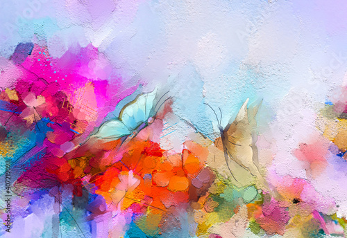 Fototapeta Naklejka Na Ścianę i Meble -  Abstract colorful oil, acrylic painting of butterfly flying over spring flower. Illustration hand paint floral blossom in summer or spring season, nature image for wallpaper or background.