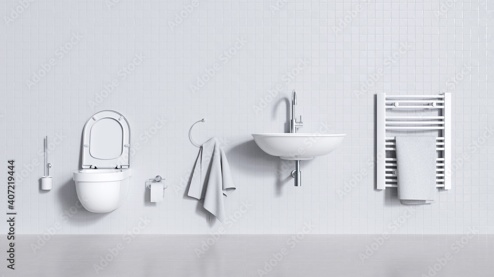 Weißes Badezimmer mit Toilette und Waschbecken Weißes Badezimmer mit Toilette und Waschbecken
