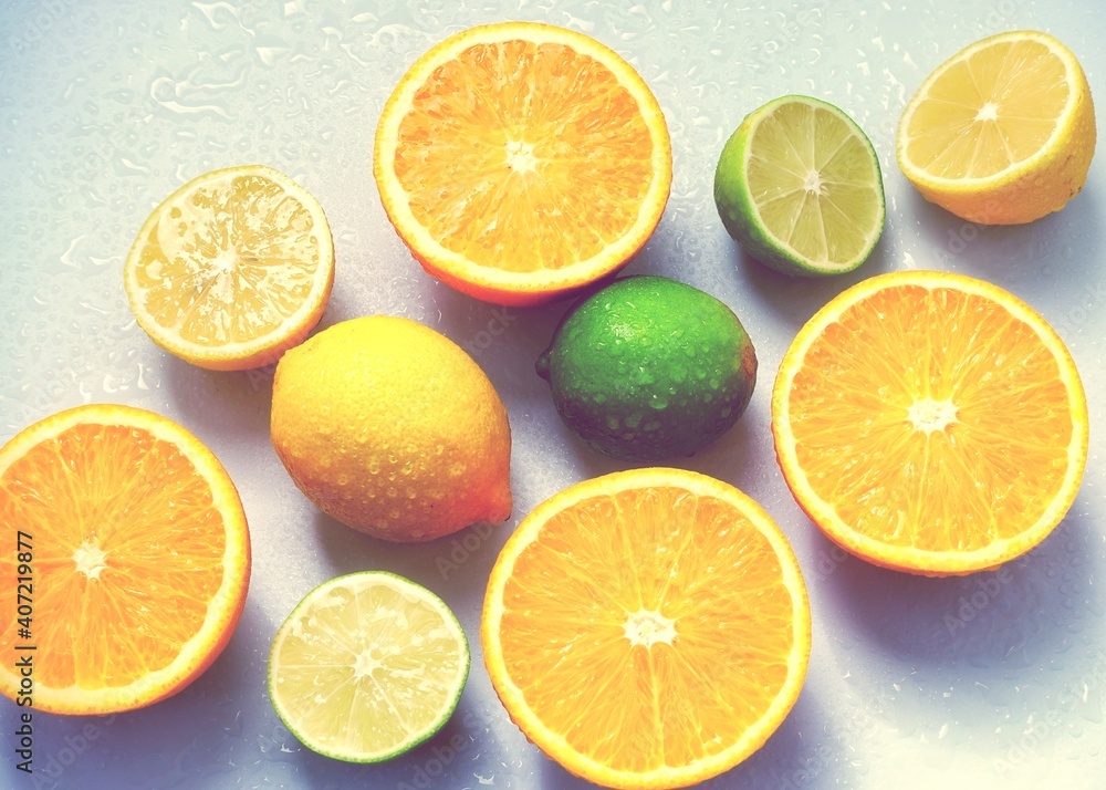 Bright and mouth-watering citrus fruits: lemon, lime, orange Bright and mouth-watering citrus fruits: lemon, lime, orange