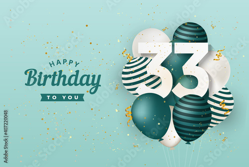 Photography Happy 33th birthday with green balloons greeting card background