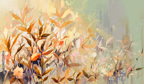 Fototapeta Naklejka Na Ścianę i Meble -  Abstract oil painting of colorful flower with orange, red, yellow leaf. Illustration hand painted, nature of fall, autumn season. Paint design for natural wallpaper. Vintage floral color background