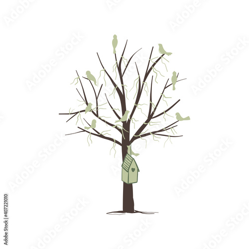 Birds and birdhouse on a tree with ribbons. Vector illustration