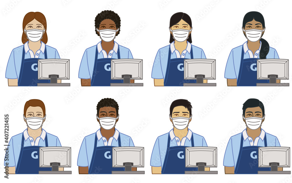 diversity, race, ethnicity of cashier, female and male wearing protective medical massk as concept of essential worker for 2019 novel coronavirus, COVID-19, isolated on white background diversity, race, ethnicity of cashier, female and male wearing protective medical massk as concept of essential worker for 2019 novel coronavirus, COVID-19, isolated on white background