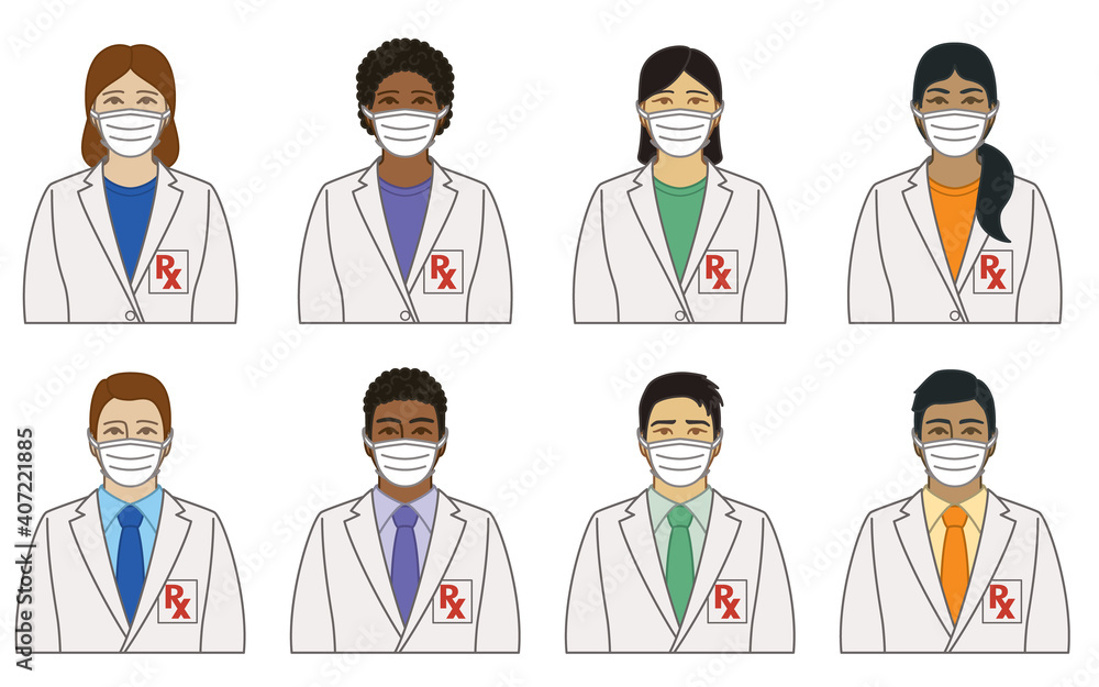 diversity, race, ethnicity of pharmacist, female and male wearing protective medical mask as concept of essential worker for 2019 novel coronavirus, COVID-19, isolated on white background diversity, race, ethnicity of pharmacist, female and male wearing protective medical mask as concept of essential worker for 2019 novel coronavirus, COVID-19, isolated on white background