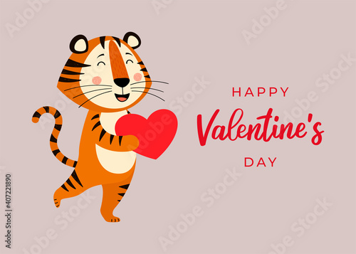 Cute greeting card with a tiger the symbol of the year 2022 in the Chinese or Eastern calendar. Handwritten Text "Happy Valentine's Day".  Vector stock flat illustration © Мария Кутепова